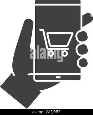 Hand smartphone Glyph icon. Silhouette Symbol. Smart phone Shopping App. Negativer Platz. Vektor isoliert Abbildung Stock Vektor