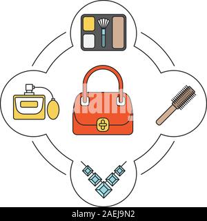 Handtasche Inhalt Farbe der Frau Symbole gesetzt. Blusher, Halskette, Haarbürste, Parfum. Isolierte Vektorgrafiken Stock Vektor