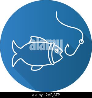 Angeln Flachbild lineare lange Schatten Symbol. Fisch mit Haken. Vektor Struktursymbol Stock Vektor