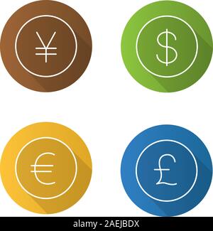 Die nationalen Währungen flach linear lange Schatten Symbole gesetzt. US-Dollar, Britischen Pfund, japanische Yen, Euro Zeichen. Vektor Kontur Abbildung Stock Vektor