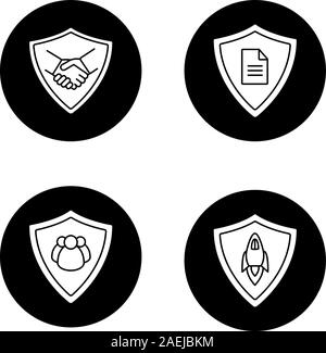Schutzplatten Glyphe Symbole gesetzt. Sichere Schnäppchen, persönliche Dokumente, startup Projekte, Menschen Schutz. Vektor weisse Silhouetten Abbildungen in b Stock Vektor