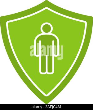 Bodyguard Glyphe Farbe Symbol. Der Mensch im Inneren Schutz Schild. Silhouette Symbol auf weißem Hintergrund. Negativer Platz. Vector Illustration Stock Vektor