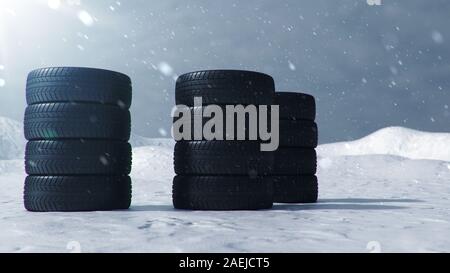 3D-Illustration Winterreifen auf einem mit fallendem Schnee Hintergrund der Schnee Sturm, Schneefall und rutschigen Winter Straße. Winterreifen Konzept. Konzept Reifen Stockfoto