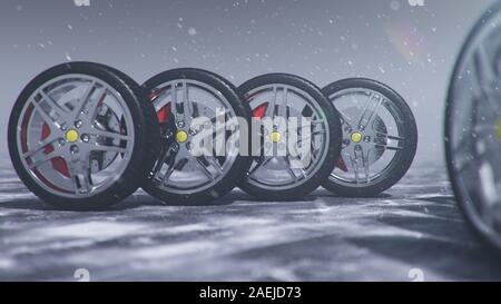 3D-Illustration Winterreifen auf einem mit fallendem Schnee Hintergrund der Schnee Sturm, Schneefall und rutschigen Winter Straße. Winterreifen Konzept. Konzept Reifen Stockfoto