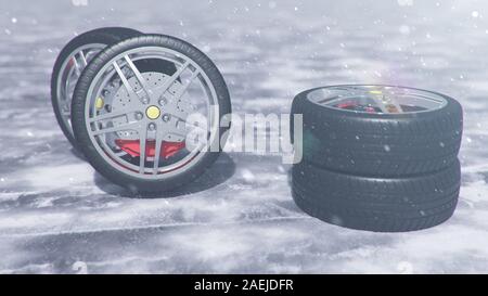 3D-Illustration Winterreifen auf einem mit fallendem Schnee Hintergrund der Schnee Sturm, Schneefall und rutschigen Winter Straße. Winterreifen Konzept. Konzept Reifen Stockfoto