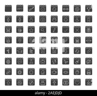 Kalender Glyphe Symbole gesetzt. Silhouette Symbole. Kalender Seiten mit Sport Bälle, Arzt, Flugzeug, Händedruck. Vektor isoliert Abbildung Stock Vektor