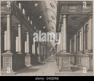 Eine Innenansicht einer Kirche, die 1560 von Lucas van Doetechum und Johannes van Doetechum, dem Älteren, nach Hans Vredeman de Vries geschaffen wurde. Das Kunstwerk zeigt eine gewölbte Decke, architektonische Details und religiöse Raumaufteilung. Stockfoto