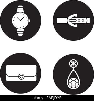 Zubehör Symbole der Frauen gesetzt. Armbanduhr, Ohrring, Kupplung, Leder Gürtel. Vektor weisse Silhouetten Abbildungen in schwarzen Kreisen Stock Vektor