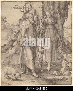 Dieses Gemälde von Lucas van Leyden aus dem Jahr 1516 veranschaulicht die biblische Geschichte von Abraham, der Hagar und Ismael wegschickte. Abraham wird mit einer Geste der Entlassung dargestellt, während Hagar und Ismael mit Kummer in einer natürlichen Landschaft mit Figuren in historischen Gewändern dargestellt werden. Stockfoto
