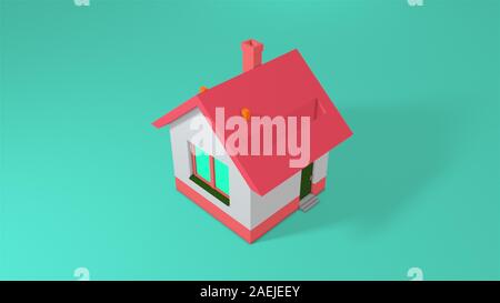 Kässeli in Form eines Hauses und fallenden Goldmünzen. Computer generiert eine Münze ins Haus fallen. 3D-Rendering isometrische Hintergrund Stockfoto