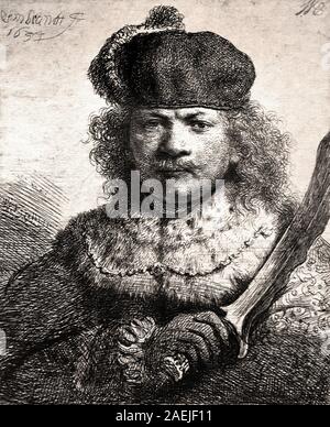 Selbstportrait mit angehobenen angehobenen Säbel - Plumed Cap 1634 Rembrandt Harmenszoon van Rijn 1606 - 1669 Niederländische, die Niederlande, Holland, Stockfoto