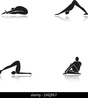 Yoga Asanas Schatten schwarz Glyphe Symbole gesetzt. Paschimottanasana, halasana, Adho Mukha Svanasana, Ardha Matsyendrasana Yoga Positionen. Isolierte Vektor Stock Vektor