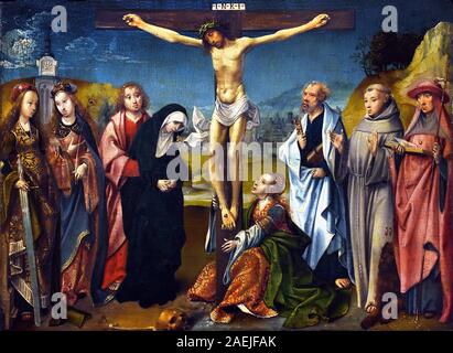 Christus am Kreuz mit Heiligen 1505-1510 CORNELIS ENGEBRECHTSZ. Niederländisch, die Niederlande, Holland, (Triptychon). Stockfoto