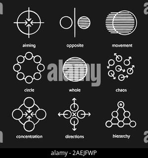 Abstrakte Symbole chalk Symbole gesetzt. Mit dem Ziel, gegenüber, Bewegung, Kreis, ganz, Chaos, Konzentration, Richtungen, Hierarchie. Isolierte vektor Schiefertafel i Stock Vektor