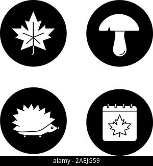 Herbst Glyphe Symbole gesetzt. Maple Leaf, Pilz, Igel, Herbst Kalender. Vektor weisse Silhouetten Abbildungen in schwarzen Kreisen Stock Vektor