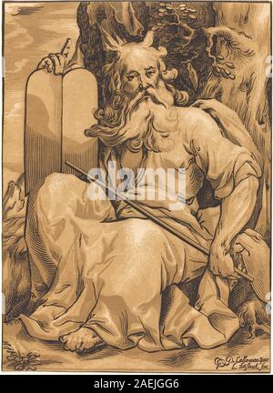 Holzschnitt oder Stich von Ludwig Büsinck nach Georges Lallemand mit Moses, der die Gesetztafeln hält. Das Werk betont die Figur des Moses, die Steintafeln, Gesten, Gesichtsausdruck und religiöse Symboliken. Stockfoto