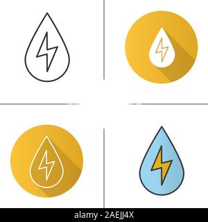 Wasser Energie Symbol. Flache Bauweise, lineare und Farbe Stile. Wassertropfen mit Blitz im Inneren. Wasserkraftwerk. Isolierte Vektorgrafiken Stock Vektor