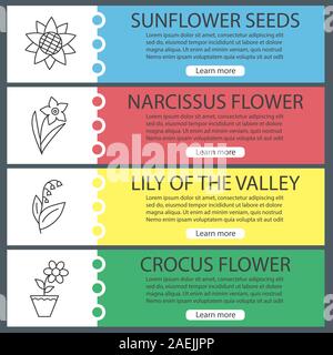 Blumen Web Banner Vorlagen eingestellt. Sonnenblume, Narzisse, Maiglöckchen, Krokus. Website Farbe Menüpunkte mit linearen Symbolen. Vektor header Design c Stock Vektor