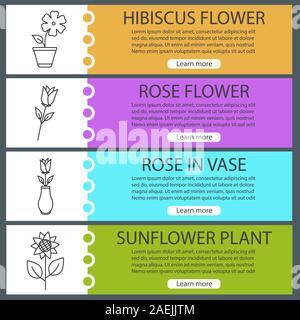 Blumen Web Banner Vorlagen eingestellt. Hibiskus, Rosen, Sonnenblumen. Website Farbe Menüpunkte mit linearen Symbolen. Vektor header Design Konzepte Stock Vektor