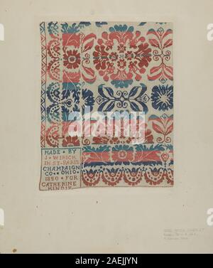 Diese handgewebte Decke, die von M Louise Kent um 1939 geschaffen wurde, zeichnet sich durch traditionelle Webmuster und Textilhandwerkskunst aus. Das Stück zeigt die häusliche Kunstfertigkeit des frühen 20. Jahrhunderts, einschließlich detaillierter geometrischer Motive und praktischer Haushaltsgebrauch. Stockfoto
