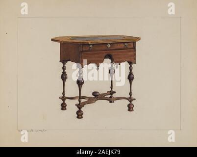 Tisch entworfen von M. Rosenshield-von-Paulin um 1940 mit Schieferplatte. Mit Holzrahmen, funktionellem Design, Schubladen und handwerklicher Handwerkskunst, die den europäischen Möbelstil des frühen 20. Jahrhunderts widerspiegelt. Stockfoto