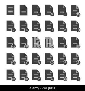 Dokumente Glyphe Symbole gesetzt. Silhouette Symbole. Statistik, medizinische Versicherung und Test, Vertrag, genehmigte Dokument. Senden, Pin, Upload, Download Datei. Stock Vektor