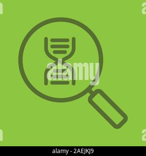 DNA-Forschung Farbe lineare Symbol. Lupe mit DNA-Kette Modell. Dicke Linie Umrisse Symbole auf farbigen Hintergrund. Vector Illustration Stock Vektor