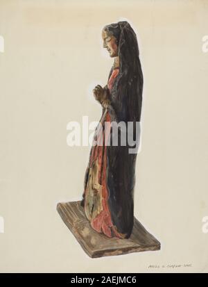 Ein Bulto von Santa Rita, geschaffen von Majel G. Claflin um 1939, mit geschnitzter Holzfigur, bemalter Oberfläche, religiöser Darstellung, Andachtsgegenstand, Haltung, Gesichtsausdruck und amerikanische Volkskunst des frühen 20. Jahrhunderts. Stockfoto