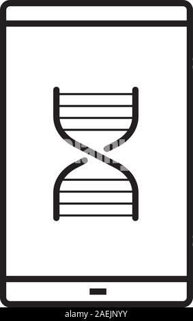 Smartphone Wissenschaft app lineare Symbol. Dünne Linie Abbildung. Smart Phone mit DNA-Kette Modell Kontur Symbol. Vektor isoliert Maßbild Stock Vektor