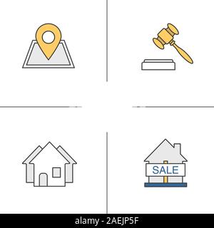 Immobilienmarkt Farbe Symbol. Gebäude Lage, Haus für Verkauf, Hammer, drei Häuser. Isolierte Vector Illustration Stock Vektor
