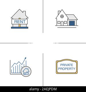 Immobilienmarkt farbige Symbole gesetzt. Haus zum Mieten, Ferienhaus, Privat Unterkunft anmelden, Marktwachstum Chart. Isolierte Vektorgrafiken Stock Vektor