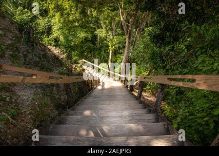 Orange Walk, Belize - Ein Blick von Oben auf die hölzerne Wendeltreppe führt auf den Gipfel des Hohen Tempel gebaut, die von den Maya Leute in Lamanai. Stockfoto