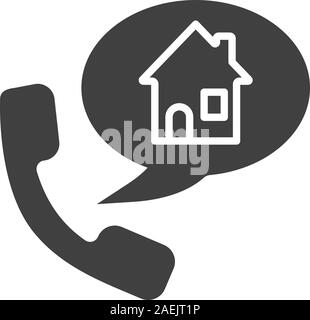 Telefon vermietung haus finden Glyph icon. Zimmerreservierung. Silhouette Symbol. Hörer mit Home innen Sprechblase. Negativer Platz. Vektor isoliert il Stock Vektor