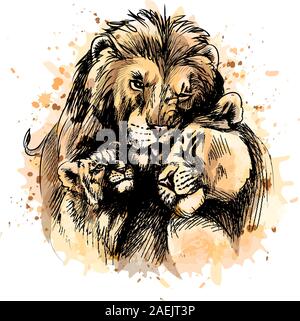 Familie von Lions aus einem Schuss Aquarell, handgezeichnete Skizze. Vector Illustration von Farben Stock Vektor