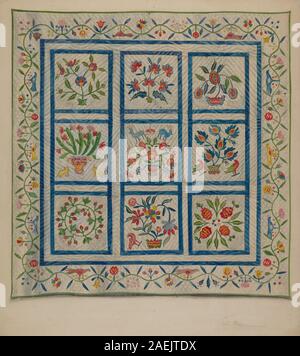 Marie Alains Quilt um 1937 betont Patchwork-Design, Stoffquadrate, handgenähte Nähte, dekorative Muster, Textilmaterial, funktionelle Bettdecke, Handwerkskunst aus dem frühen 20. Jahrhundert und Hausgebrauch. Stockfoto