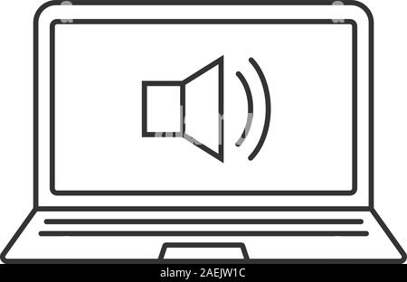Laptop Sound auf lineare Symbol. Dünne Linie Abbildung. Laptop mit Lautsprecher Kontur Symbol. Vektor isoliert Maßbild Stock Vektor