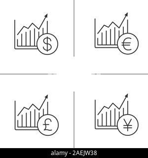 Marktwachstum charts lineare Symbole gesetzt. Statistiken Diagramm mit Pound, Dollar, Euro, Yen Zeichen. Thin Line Kontur Symbole. Isolierte vektor Kontur illu Stock Vektor