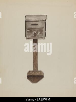 Briefkasten von Marjorie Lee, um 1937, Holzobjekt mit funktionalem Design für die Postaufbewahrung, lackierte oder gebeizte Oberfläche und dekorative Elemente. Zeigt handwerkliches Handwerk und praktisches Design des 20. Jahrhunderts. Stockfoto