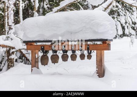 Alte, Metall alpine Kuhglocken in verschiedenen Größen hängen auf einer Holzkonstruktion. Winter, Bäume und Pfad mit Schnee bedeckt. Alpine Mountain, Österreich. Stockfoto