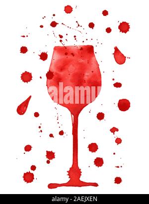 Aquarell Glas Rotwein. Handgezeichneten trinken und Tropfen. Stockfoto