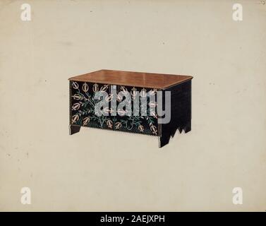 Holzkiste von Martin Partyka, um 1936, rechteckige Aufbewahrungsbox mit bemalter Oberfläche, dekorativen Motiven, funktionellen Scharnieren und Möbeln aus dem frühen 20. Jahrhundert. Zeigt handwerkliches Können und dekorative Kunsttechniken. Stockfoto