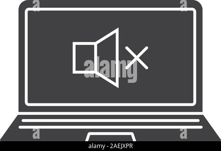 Laptop Sound off Glyph icon. Silhouette Symbol. Notebook mit Lautsprecher. Negativer Platz. Vektor isoliert Abbildung Stock Vektor