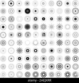 Satz von Retro Sun Burst Formen. 100 Vintage Logo, Etiketten, Abzeichen. Vektor Design Element isoliert. Minimale schwarz Feuerwerk platzen. Stock Vektor
