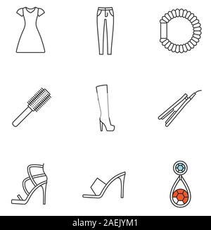 Women's Zubehör lineare Symbole gesetzt. Sun Gehrock, Skinny Jeans, Haar scrunchy, Haarglätter und Pinsel, High Heel Stiefel und Schuhe, Ohrring. Thin Line con Stock Vektor