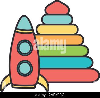 Kinder Spielzeug, Kunststoff Pyramide und Rakete Symbole auf dem weißen Hintergrund Vector Illustration Stock Vektor