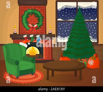 Weihnachten gemütliche Zimmer mit Weihnachtsbaum, Kamin, Sessel, Geschenk Symbol Konzept. Apartment Symbol, Logo und Abzeichen. Cartoon Vector Illustration. Stock Vektor