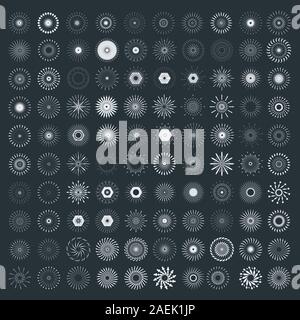 Satz von Retro Sun Burst Formen. 100 Vintage Logo, Etiketten, Abzeichen. Vektor Design Element isoliert. Minimale schwarz Feuerwerk platzen. Stock Vektor