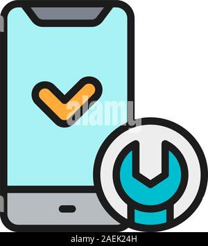 Telefon mit Schraubenschlüssel, Smartphone Reparatur flat Color Line Symbol. Stock Vektor