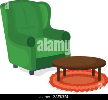 Sessel und Tisch Symbol Konzept. Möbel auf weißem Hintergrund. Stuhl Symbol, Symbol und Abzeichen. Cartoon Vector Illustration. Stock Vektor