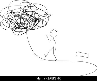 Vektor cartoon Strichmännchen Zeichnen konzeptionelle Darstellung der Mann oder Geschäftsmann auf dem Pfad oder Weg vorwärts, Zukunft ist nicht sicher. Das Konzept des Chaos und Instabilität. Stock Vektor